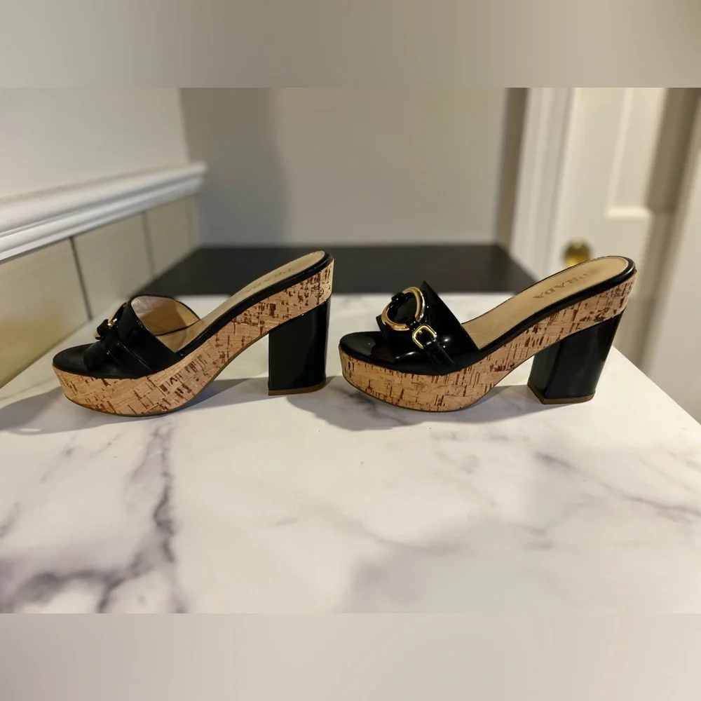 Prada Cork Platform Horsebit Patent Leather Slides 37 - Picture 4 of 10